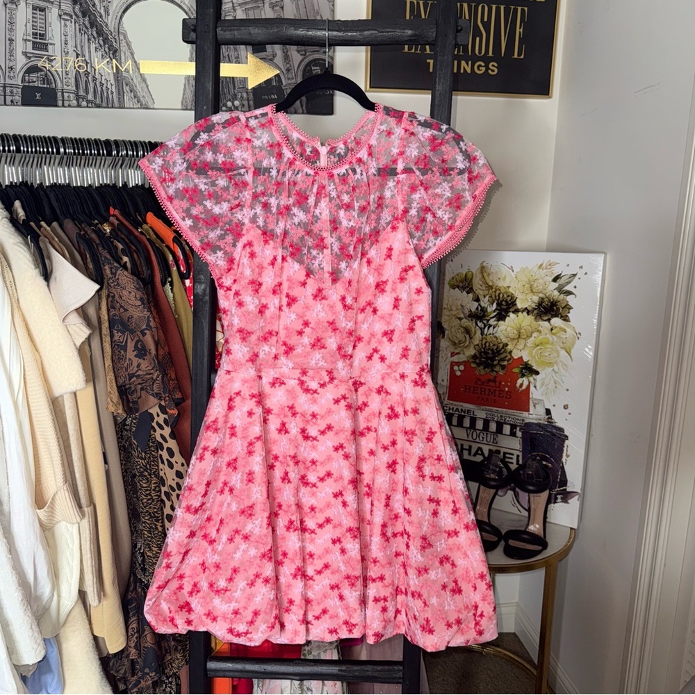 ML Monique Lhuillier Gathered Embroidered Tulle Mini Dress Pink Floral Fit Flare - Picture 4 of 15